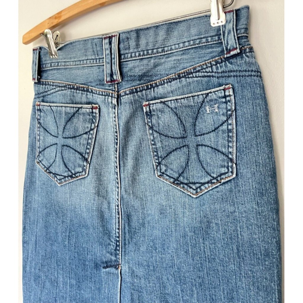 Habitual Womens Denim Skirt Jean Pencil Size 25 Embroidered Pockets Knee Length